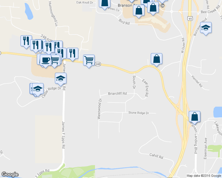 map of restaurants, bars, coffee shops, grocery stores, and more near 110 Briarcliff Rd in Branson