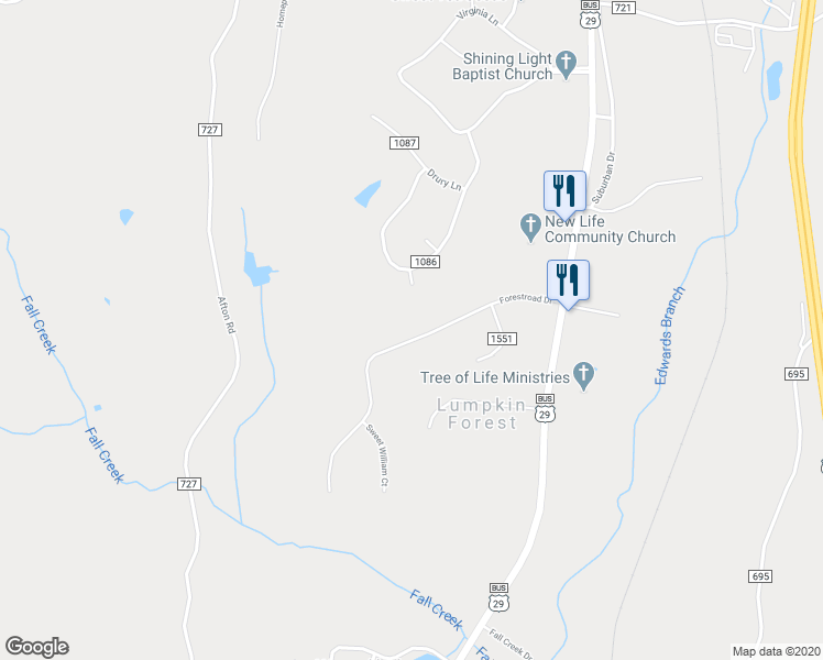 map of restaurants, bars, coffee shops, grocery stores, and more near 212 Forestroad Drive in Danville