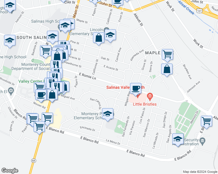 map of restaurants, bars, coffee shops, grocery stores, and more near 321 Katherine Avenue in Salinas