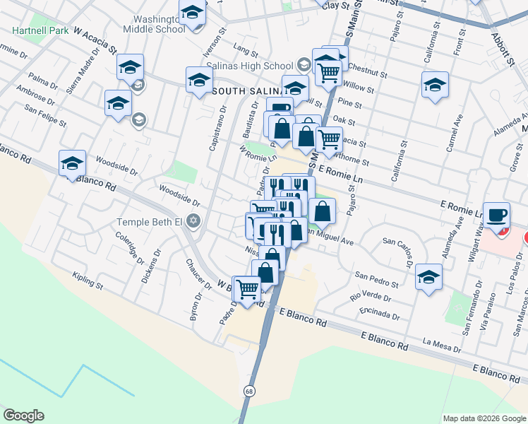 map of restaurants, bars, coffee shops, grocery stores, and more near 30 West San Joaquin Street in Salinas