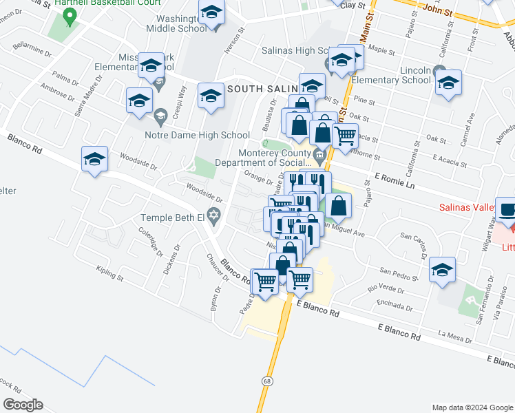 map of restaurants, bars, coffee shops, grocery stores, and more near 116 Nissen Road in Salinas