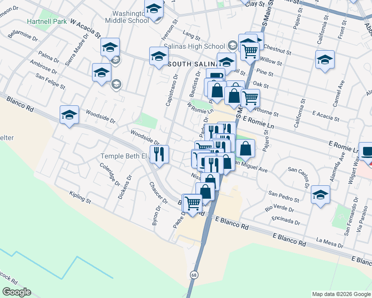 map of restaurants, bars, coffee shops, grocery stores, and more near 116 Nissen Road in Salinas