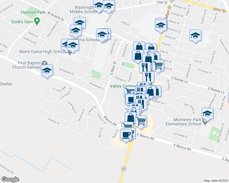 map of restaurants, bars, coffee shops, grocery stores, and more near 130 Nissen Road in Salinas