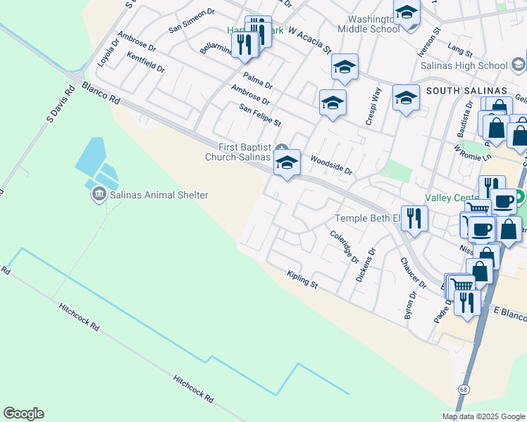 map of restaurants, bars, coffee shops, grocery stores, and more near San Blanco Court in Salinas