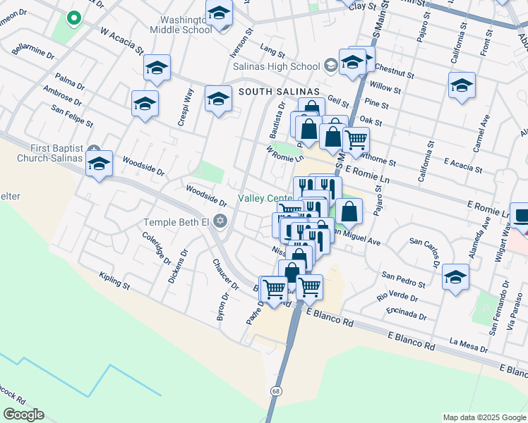 map of restaurants, bars, coffee shops, grocery stores, and more near 116 Nissen Road in Salinas