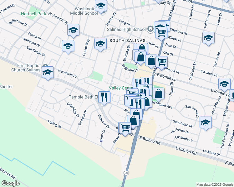 map of restaurants, bars, coffee shops, grocery stores, and more near 138 Nissen Road in Salinas