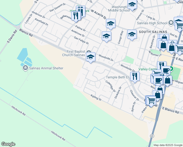 map of restaurants, bars, coffee shops, grocery stores, and more near 1223 La Canada Way in Salinas