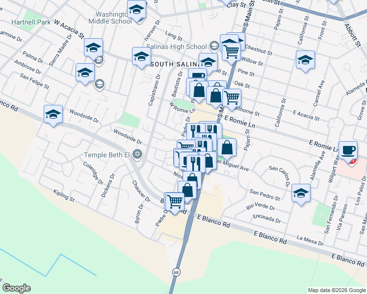 map of restaurants, bars, coffee shops, grocery stores, and more near 1051 Padre Drive in Salinas