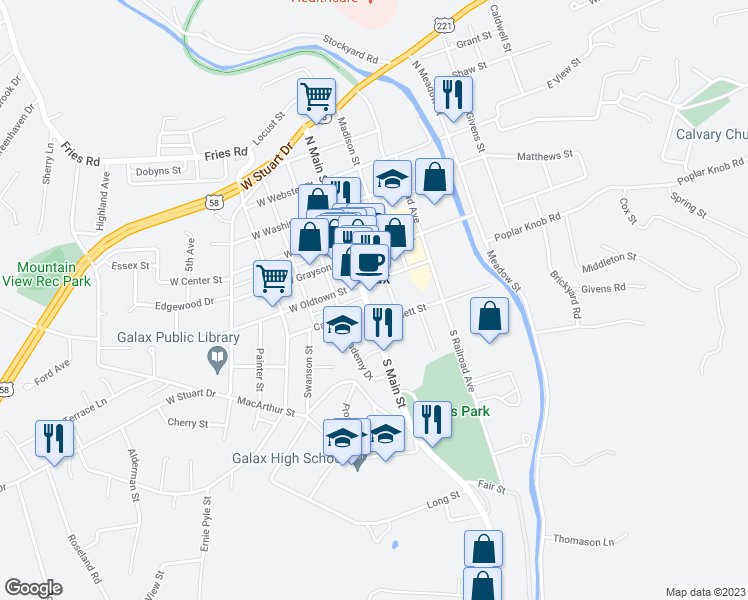 map of restaurants, bars, coffee shops, grocery stores, and more near 221 South Main Street in Galax