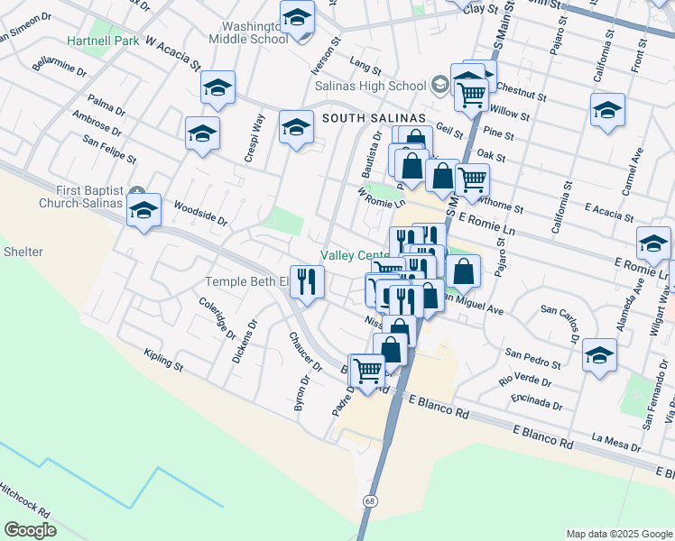 map of restaurants, bars, coffee shops, grocery stores, and more near 138 Nissen Road in Salinas