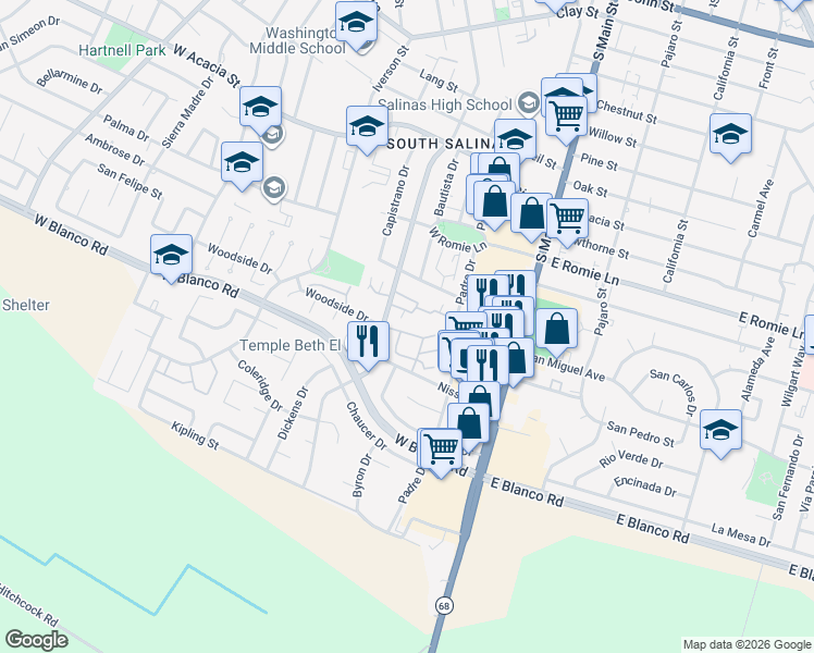 map of restaurants, bars, coffee shops, grocery stores, and more near 130 Nissen Road in Salinas
