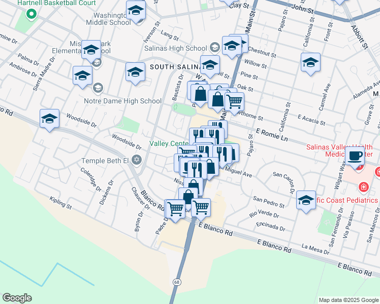 map of restaurants, bars, coffee shops, grocery stores, and more near 30 West San Joaquin Street in Salinas