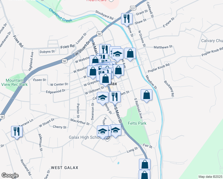 map of restaurants, bars, coffee shops, grocery stores, and more near 217 South Main Street in Galax