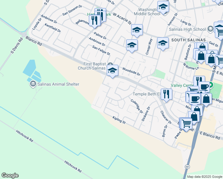 map of restaurants, bars, coffee shops, grocery stores, and more near San Blanco Court in Salinas