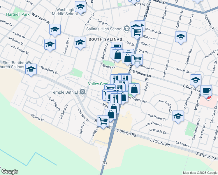 map of restaurants, bars, coffee shops, grocery stores, and more near 30 West San Joaquin Street in Salinas