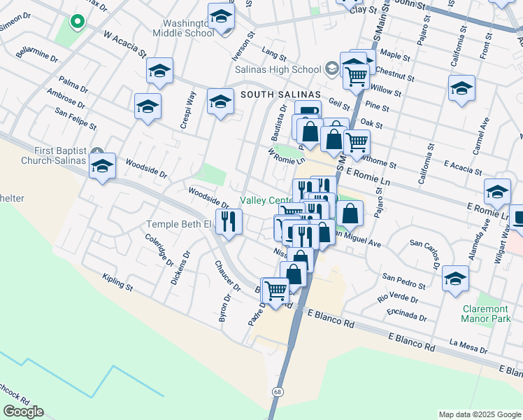 map of restaurants, bars, coffee shops, grocery stores, and more near 116 Nissen Road in Salinas