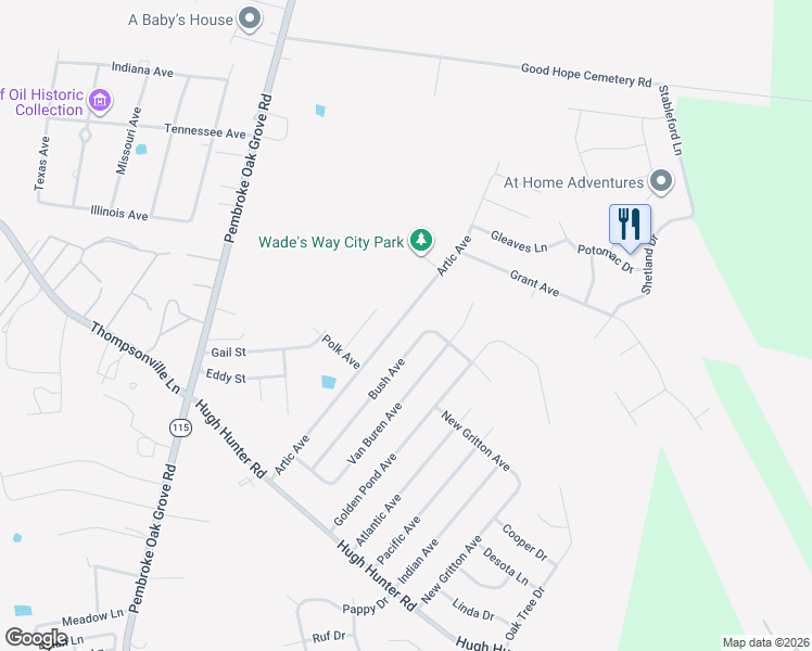 map of restaurants, bars, coffee shops, grocery stores, and more near 1047 Bush Avenue in Oak Grove