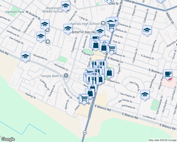 map of restaurants, bars, coffee shops, grocery stores, and more near 1051 Padre Drive in Salinas
