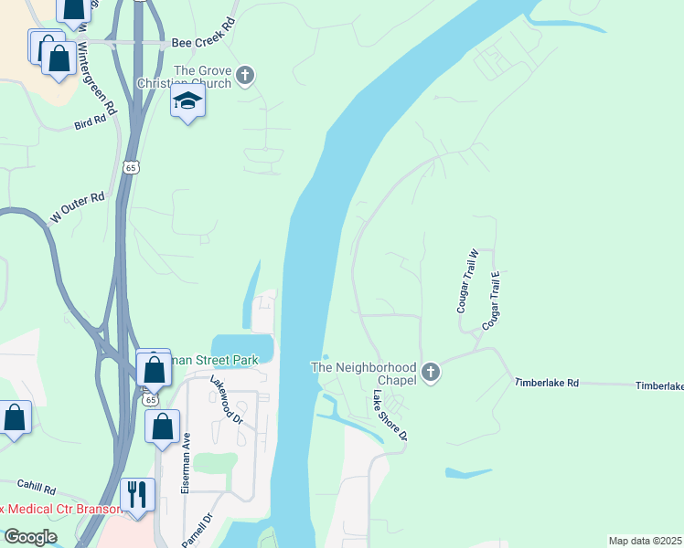 map of restaurants, bars, coffee shops, grocery stores, and more near 1483 Lake Shore Drive in Branson