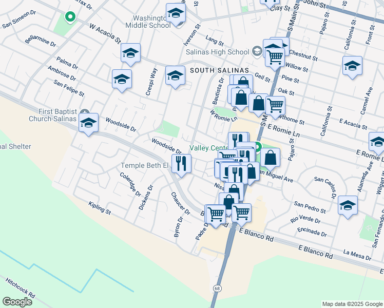 map of restaurants, bars, coffee shops, grocery stores, and more near 142 Nissen Road in Salinas
