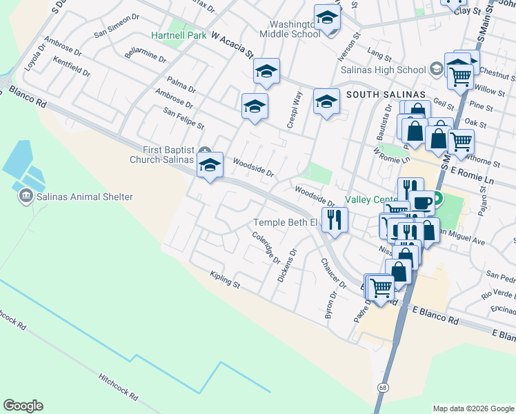 map of restaurants, bars, coffee shops, grocery stores, and more near 1227 Los Olivos Drive in Salinas