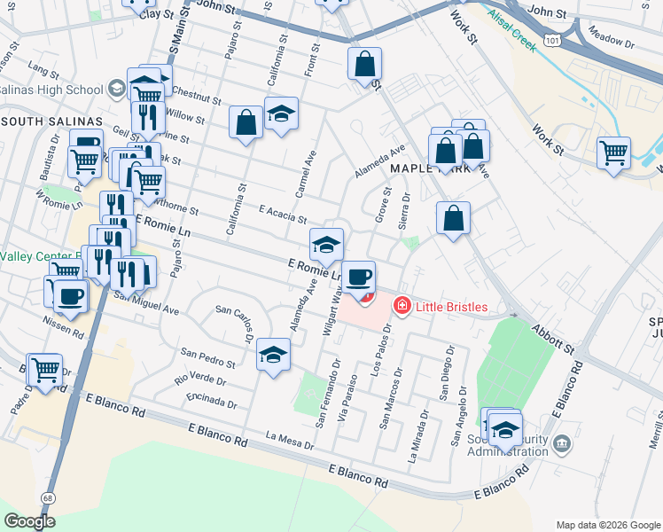 map of restaurants, bars, coffee shops, grocery stores, and more near 411 East Romie Lane in Salinas