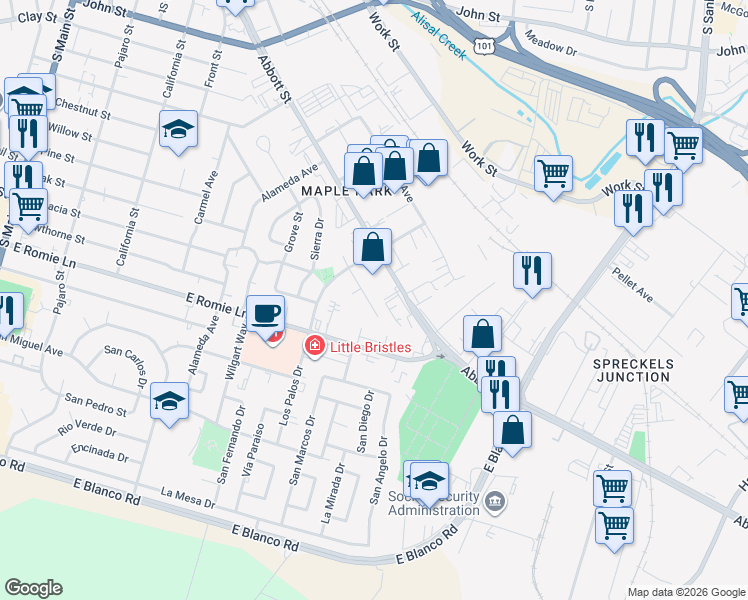 map of restaurants, bars, coffee shops, grocery stores, and more near 710 Fairmont Drive in Salinas