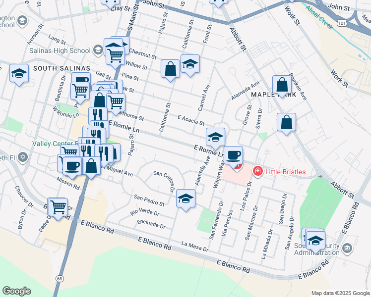 map of restaurants, bars, coffee shops, grocery stores, and more near 321 Katherine Avenue in Salinas