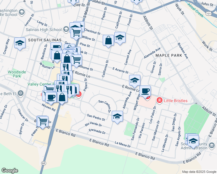 map of restaurants, bars, coffee shops, grocery stores, and more near 246 Katherine Avenue in Salinas