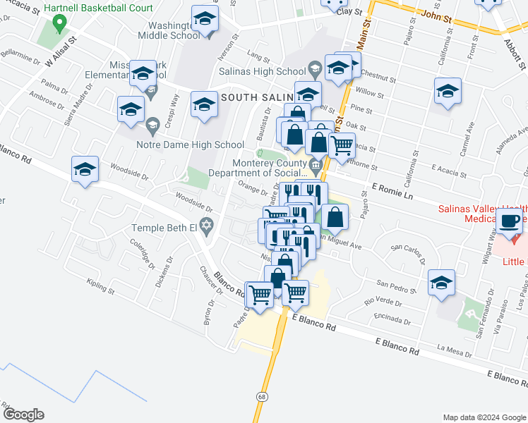map of restaurants, bars, coffee shops, grocery stores, and more near 116 Nissen Road in Salinas