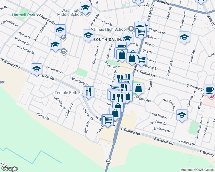 map of restaurants, bars, coffee shops, grocery stores, and more near 116 Nissen Road in Salinas