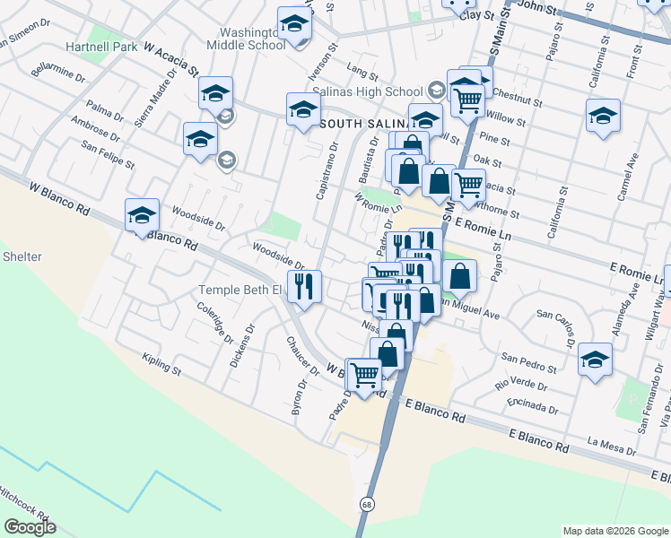 map of restaurants, bars, coffee shops, grocery stores, and more near 130 Nissen Road in Salinas
