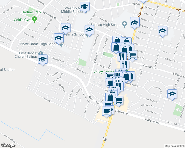 map of restaurants, bars, coffee shops, grocery stores, and more near 130 Nissen Road in Salinas