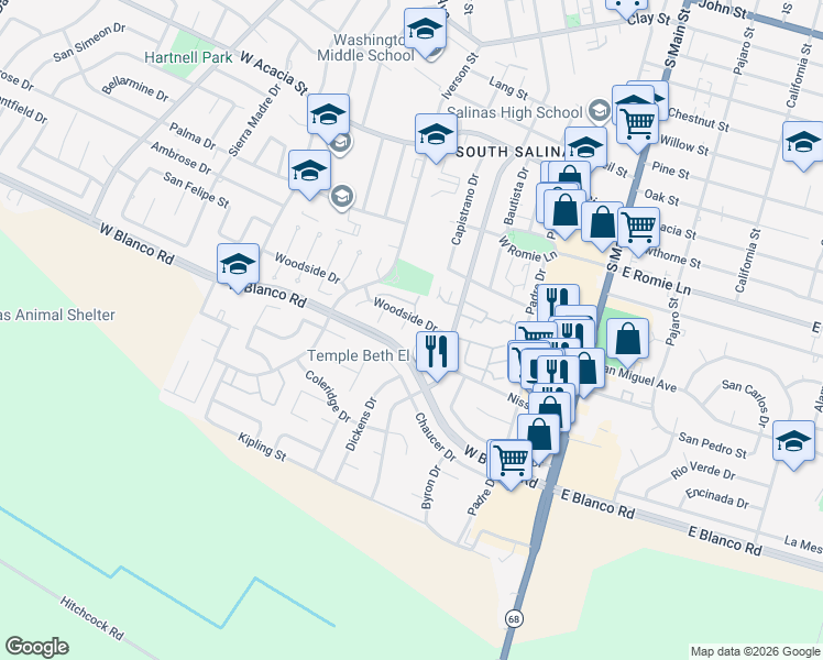 map of restaurants, bars, coffee shops, grocery stores, and more near 1122 Teakwood Place in Salinas