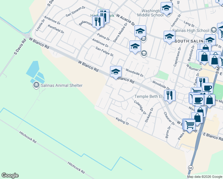 map of restaurants, bars, coffee shops, grocery stores, and more near 1217 La Canada Way in Salinas