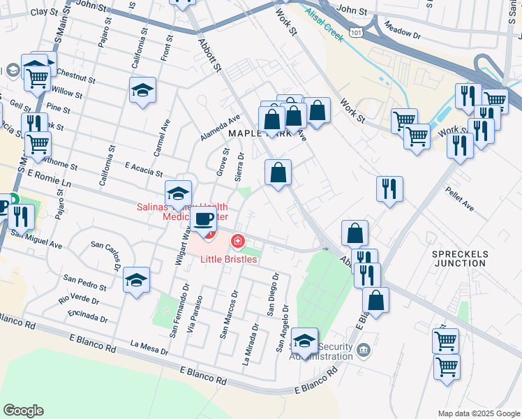map of restaurants, bars, coffee shops, grocery stores, and more near 855 Fairmont Circle in Salinas