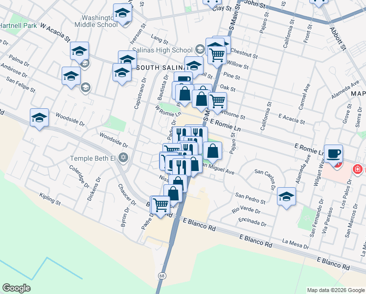 map of restaurants, bars, coffee shops, grocery stores, and more near 13 Orange Drive in Salinas