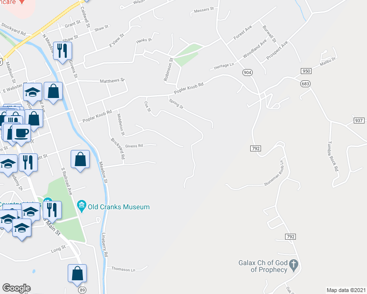 map of restaurants, bars, coffee shops, grocery stores, and more near 226 Middleton Street in Galax