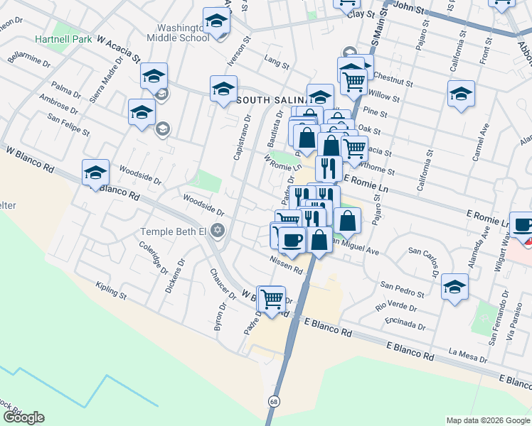 map of restaurants, bars, coffee shops, grocery stores, and more near 119 Orange Drive in Salinas