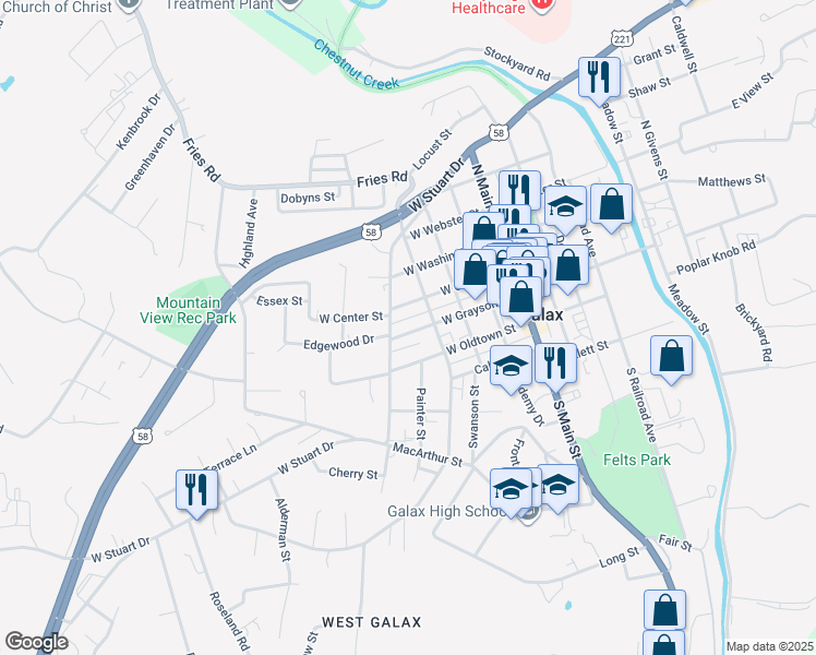 map of restaurants, bars, coffee shops, grocery stores, and more near 400-416 W Center St in Galax