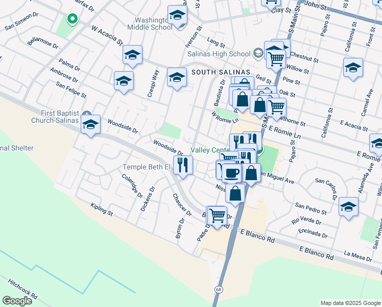 map of restaurants, bars, coffee shops, grocery stores, and more near 1080 South Riker Street in Salinas