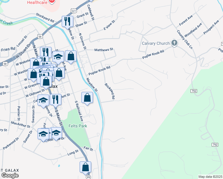 map of restaurants, bars, coffee shops, grocery stores, and more near 203 Brickyard Road in Galax