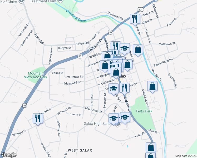 map of restaurants, bars, coffee shops, grocery stores, and more near North Lafayette Street in Galax