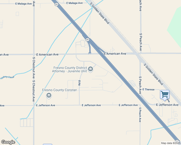 map of restaurants, bars, coffee shops, grocery stores, and more near 3333 East American Avenue in Fresno