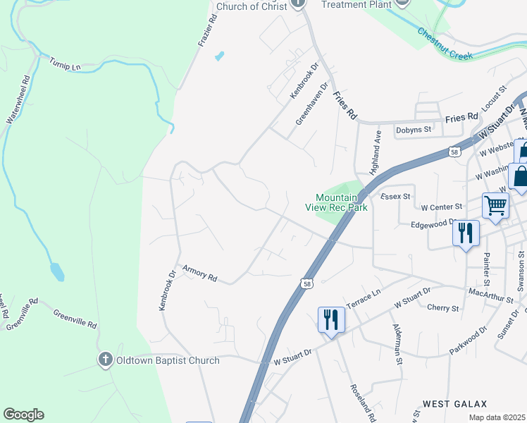 map of restaurants, bars, coffee shops, grocery stores, and more near 116 Pine Knoll Drive in Galax