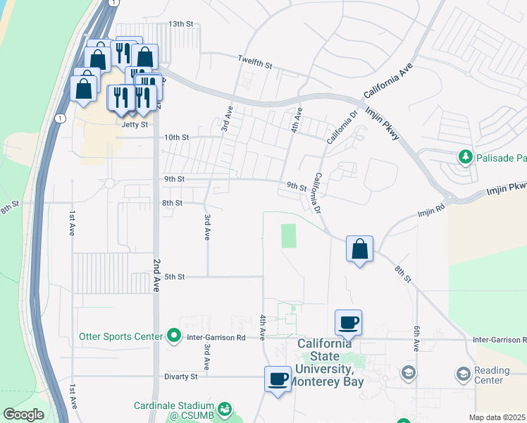 map of restaurants, bars, coffee shops, grocery stores, and more near 8th Street in Marina