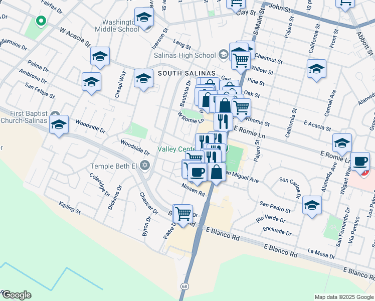 map of restaurants, bars, coffee shops, grocery stores, and more near 119 Orange Drive in Salinas