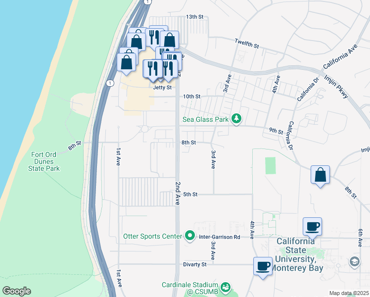 map of restaurants, bars, coffee shops, grocery stores, and more near 2601 Bluewater Court in Marina