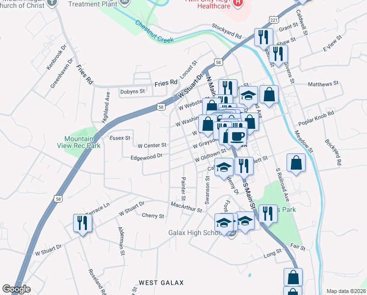 map of restaurants, bars, coffee shops, grocery stores, and more near North Lafayette Street in Galax