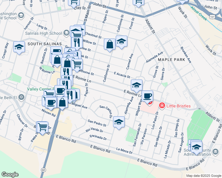 map of restaurants, bars, coffee shops, grocery stores, and more near 228 East Romie Lane in Salinas